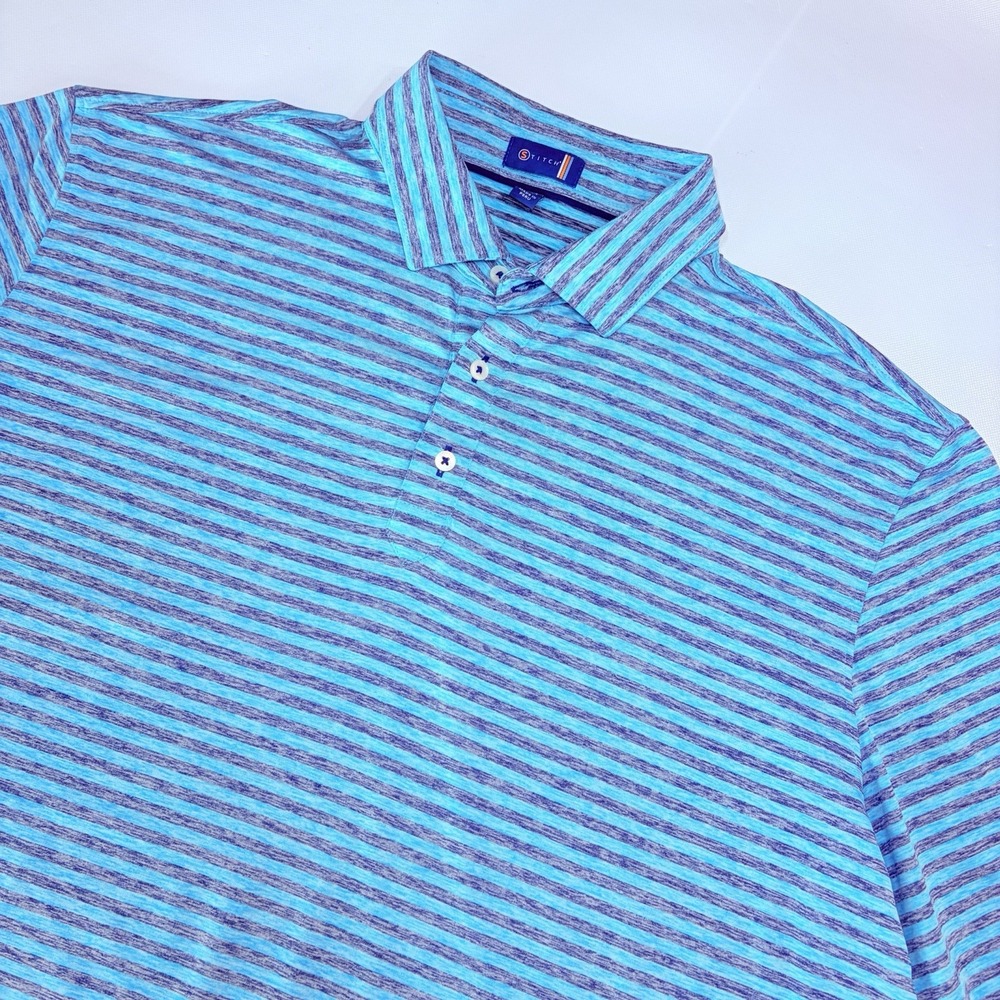 STITCH Golf Men's XL Teal Gray Striped Performance Polo Shirt Stretch
